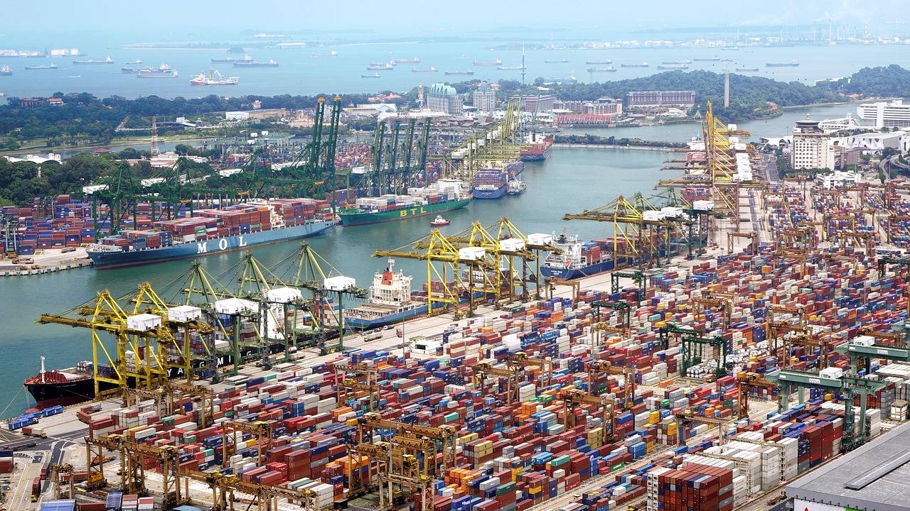 port, ships, cranes, load, containers, sea, sky, transportation, cargo, shipping, import, nature, export, harbor, logistic, water, freight, delivery, international
